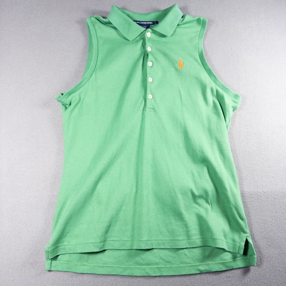 Ralph Lauren Sport Women Large Sleeveless Polo Shirt Green Cotton Orange‎ Pony